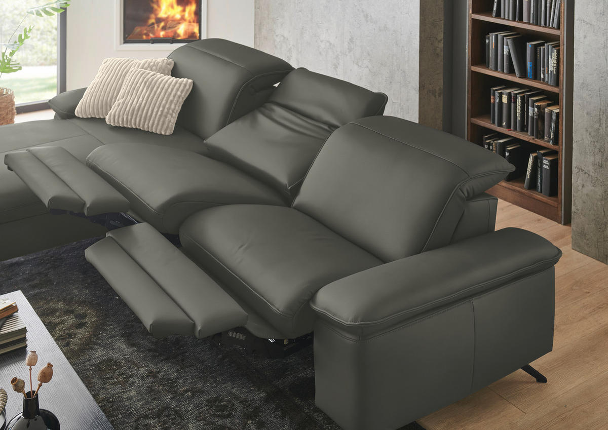 ECKSOFA  Echtleder Grau  - Schwarz/Grau, Design, Leder/Metall (169/307cm) - Beldomo Premium
