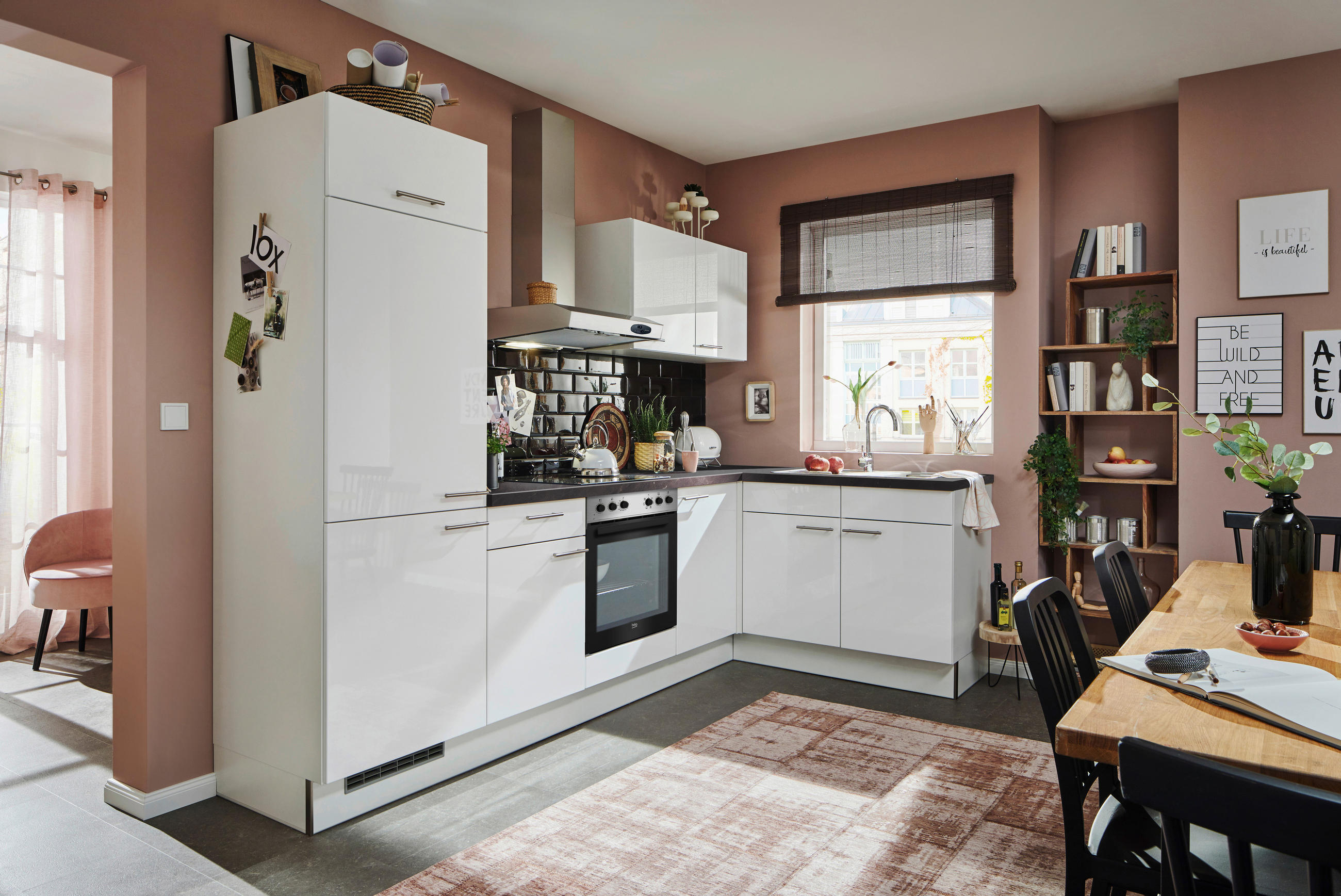 ECKKÜCHE 285/165 cm  in Grau, Weiß Hochglanz  - Edelstahlfarben/Weiß Hochglanz, Design, Holzwerkstoff/Metall (285/165cm) - Pino