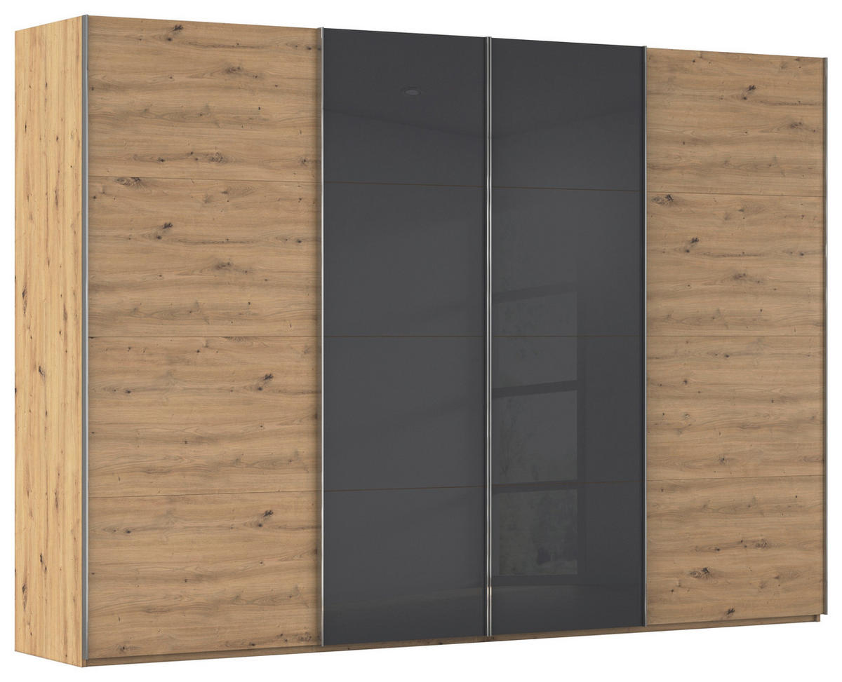 SCHWEBETÜRENSCHRANK 316/235/68 cm 4-türig Schwarz, Eiche Artisan  - Chromfarben/Schwarz, KONVENTIONELL, Glas/Holzwerkstoff (316/235/68cm) - Novel