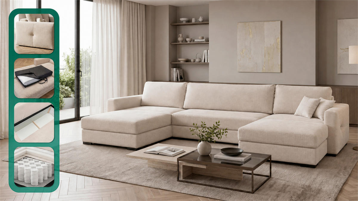 WOHNLANDSCHAFT  Cord Beige  - Beige/Schwarz, Basics, Holz/Holzwerkstoff (379/93/184cm) - MID.YOU