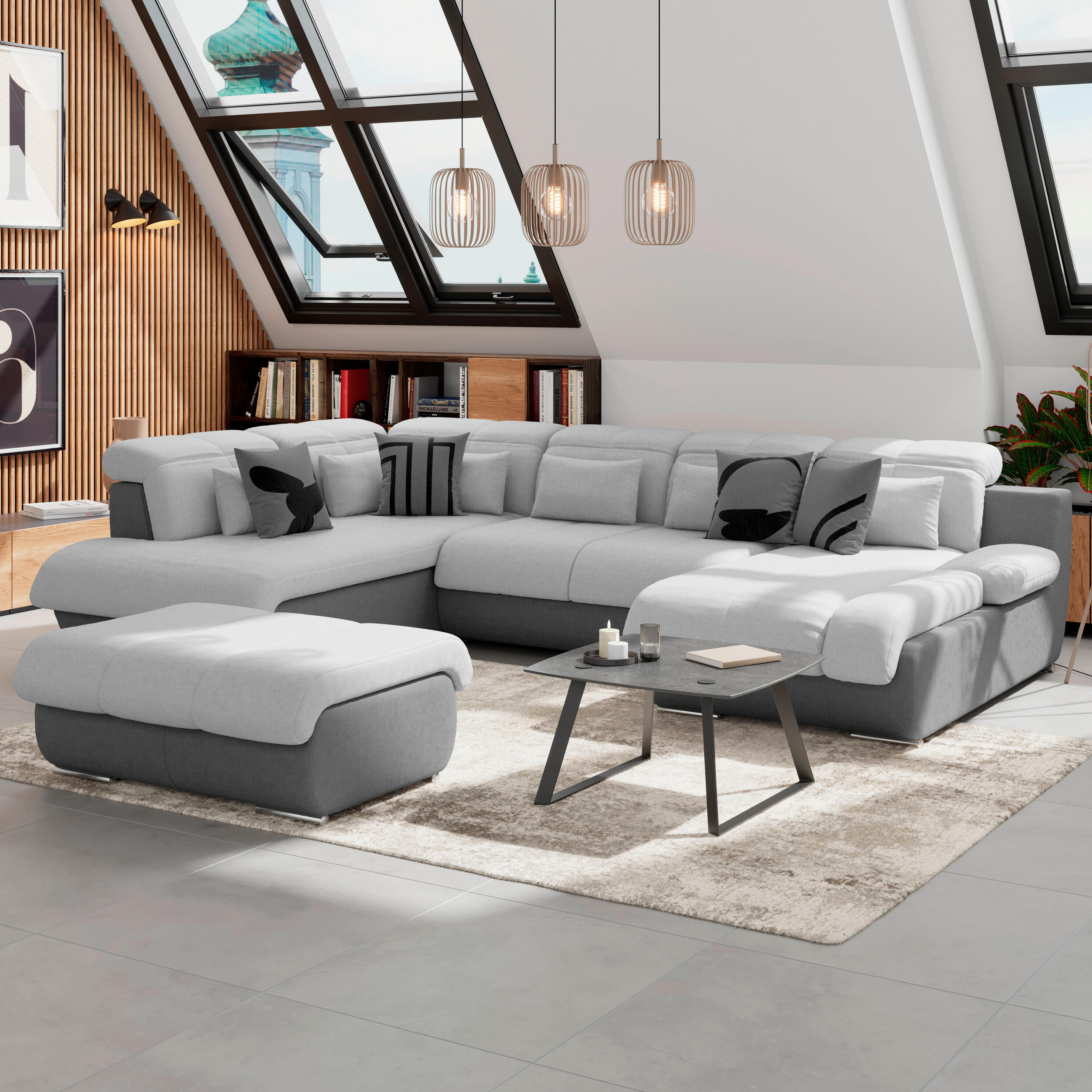 WOHNLANDSCHAFT in Mikrofaser Hellgrau, Dunkelgrau, Grau  - Chromfarben/Dunkelgrau, Modern, Textil/Metall (228/345/184cm) - MID.YOU