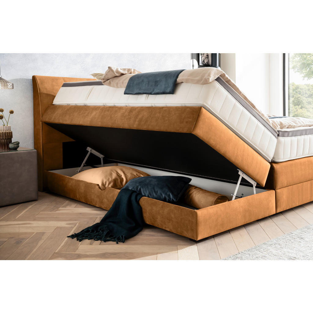 Thumbnail - Novel Boxspringbett, Cognac, Textil, Wenge, H2 + H4, 7-Zonen, Höhe ca. 27 cm, 200x200 cm, Bettkasten, Federkernmatratze,...