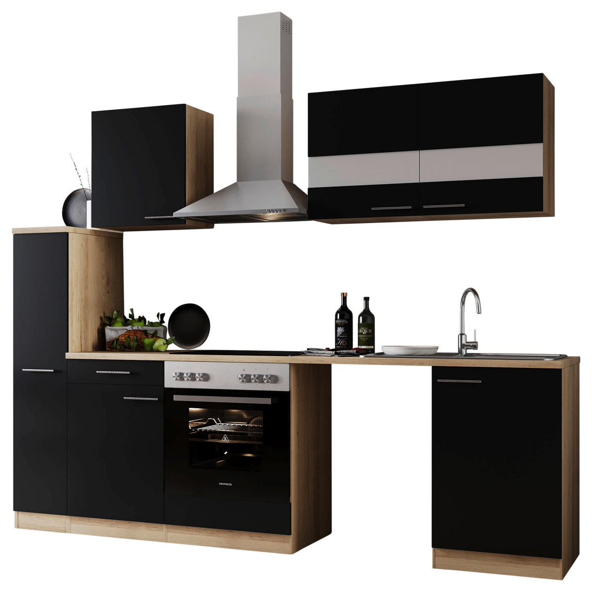 KÜCHENBLOCK 250 cm   in Schwarz  - Edelstahlfarben/Eichefarben, Basics, Glas/Holzwerkstoff (250cm) - Respekta