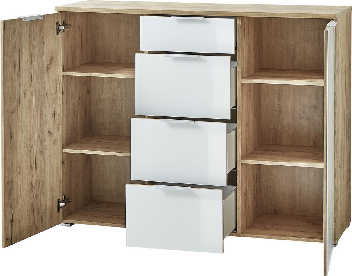 SIDEBOARD 134/105/40 cm  in Weiss, Eichefarben  - Weiss/Eichefarben, Konventionell, Glas/Holzwerkstoff (134/105/40cm)