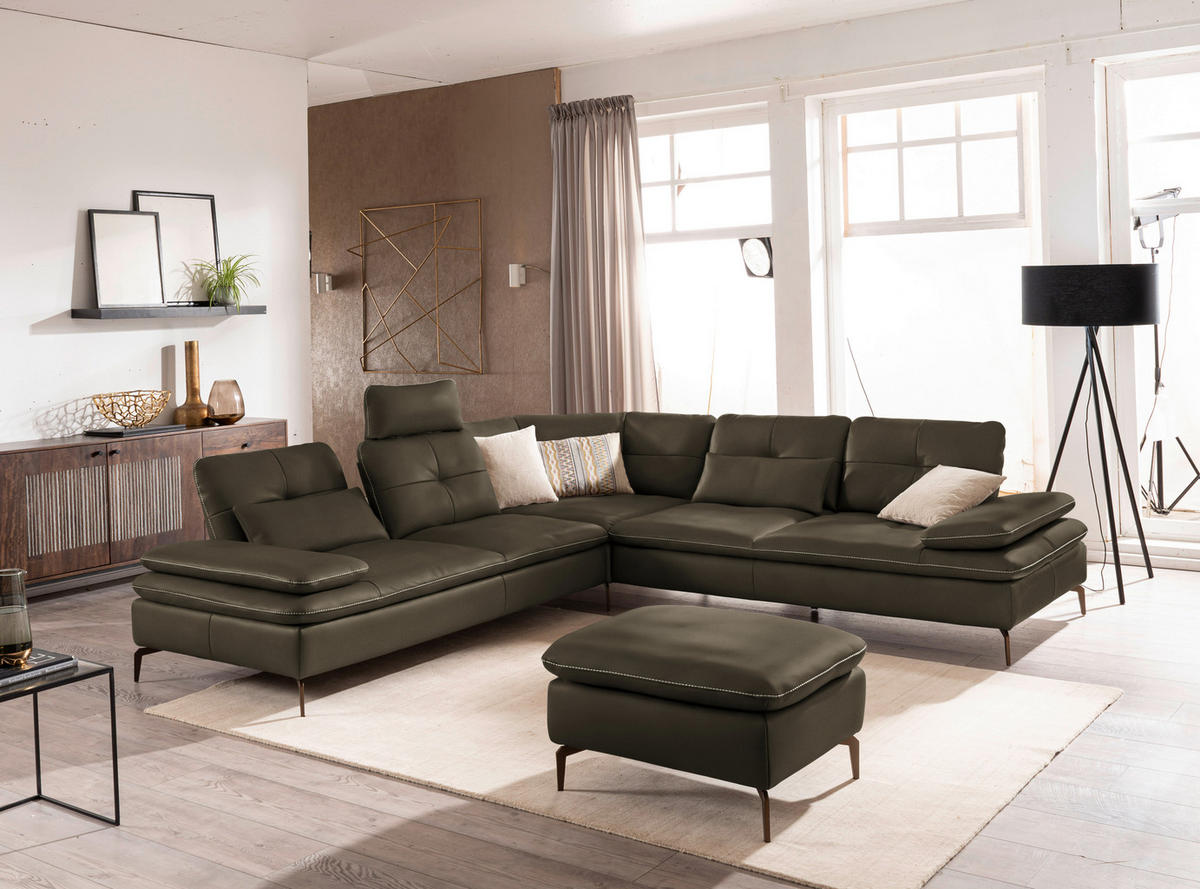 ECKSOFA in Echtleder Dunkelgrün  - Dunkelgrün/Beige, Design, Leder/Metall (298/298cm) - Chilliano