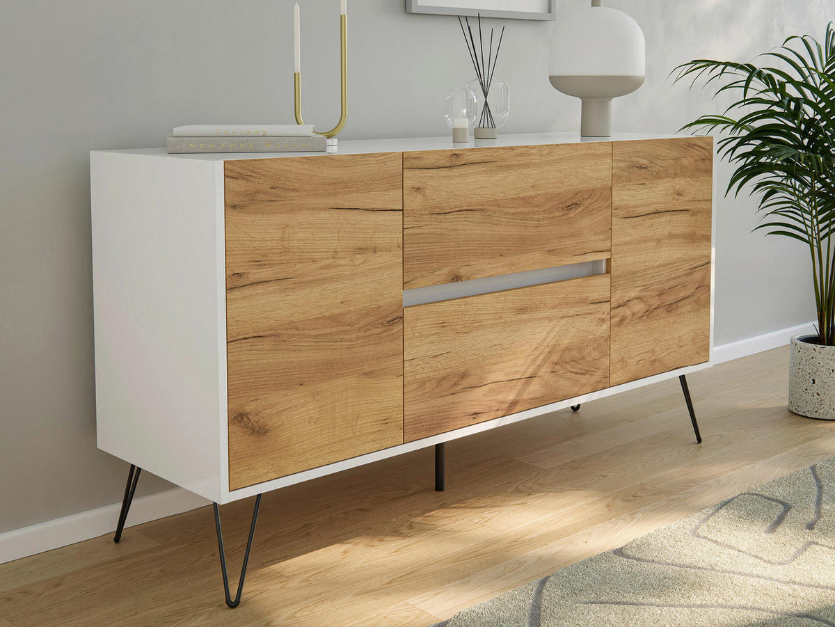 SIDEBOARD Posseik Industrial 139/75,8/42 cm 2 Schublade(n)  - Eichefarben/Weiß Hochglanz, Design, Holzwerkstoff/Metall (139/75,8/42cm) - MID.YOU