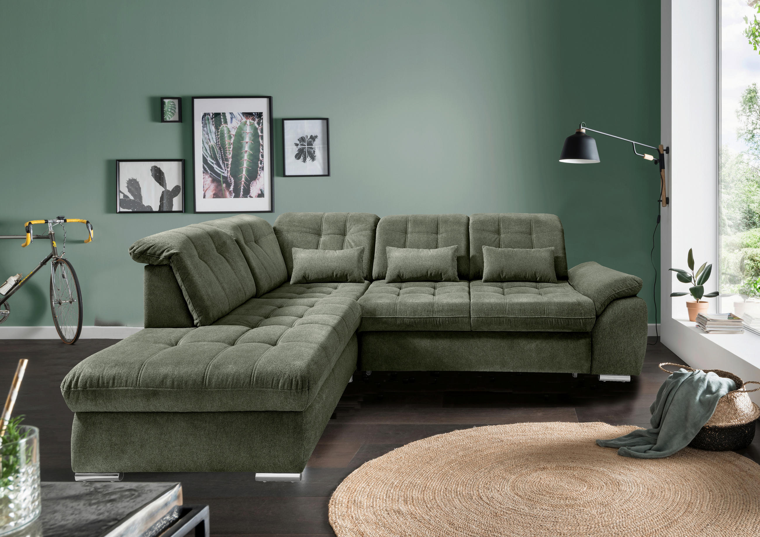 ECKSOFA Flachgewebe Dunkelgrün  - Chromfarben/Dunkelgrün, Modern, Textil/Metall (254/308cm) - Livetastic