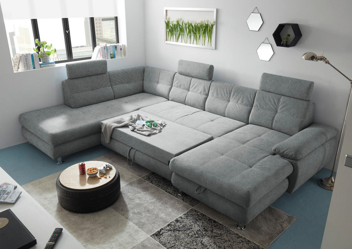 WOHNLANDSCHAFT Hellgrau Webstoff  - Hellgrau, MODERN, Kunststoff/Textil (233/349/177cm) - MID.YOU