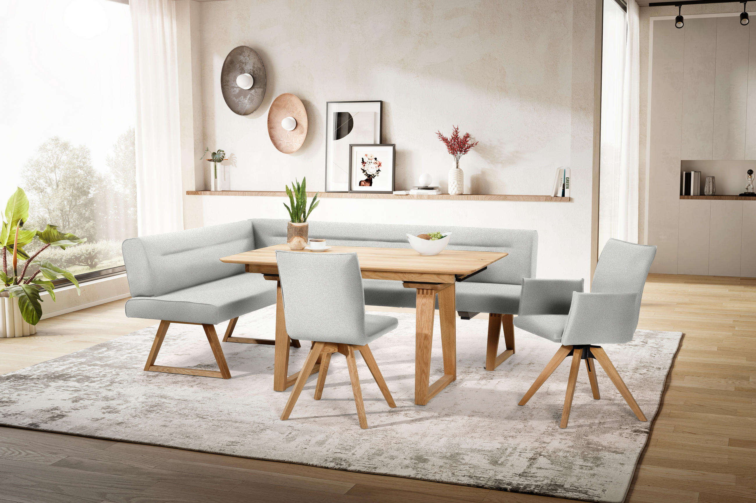 ECKBANK 170/230 cm Samt Eichefarben, Hellgrau, Ecru Wildeiche massiv   - Ecru/Eichefarben, KONVENTIONELL, Holz/Textil (170/230cm) - Moderano
