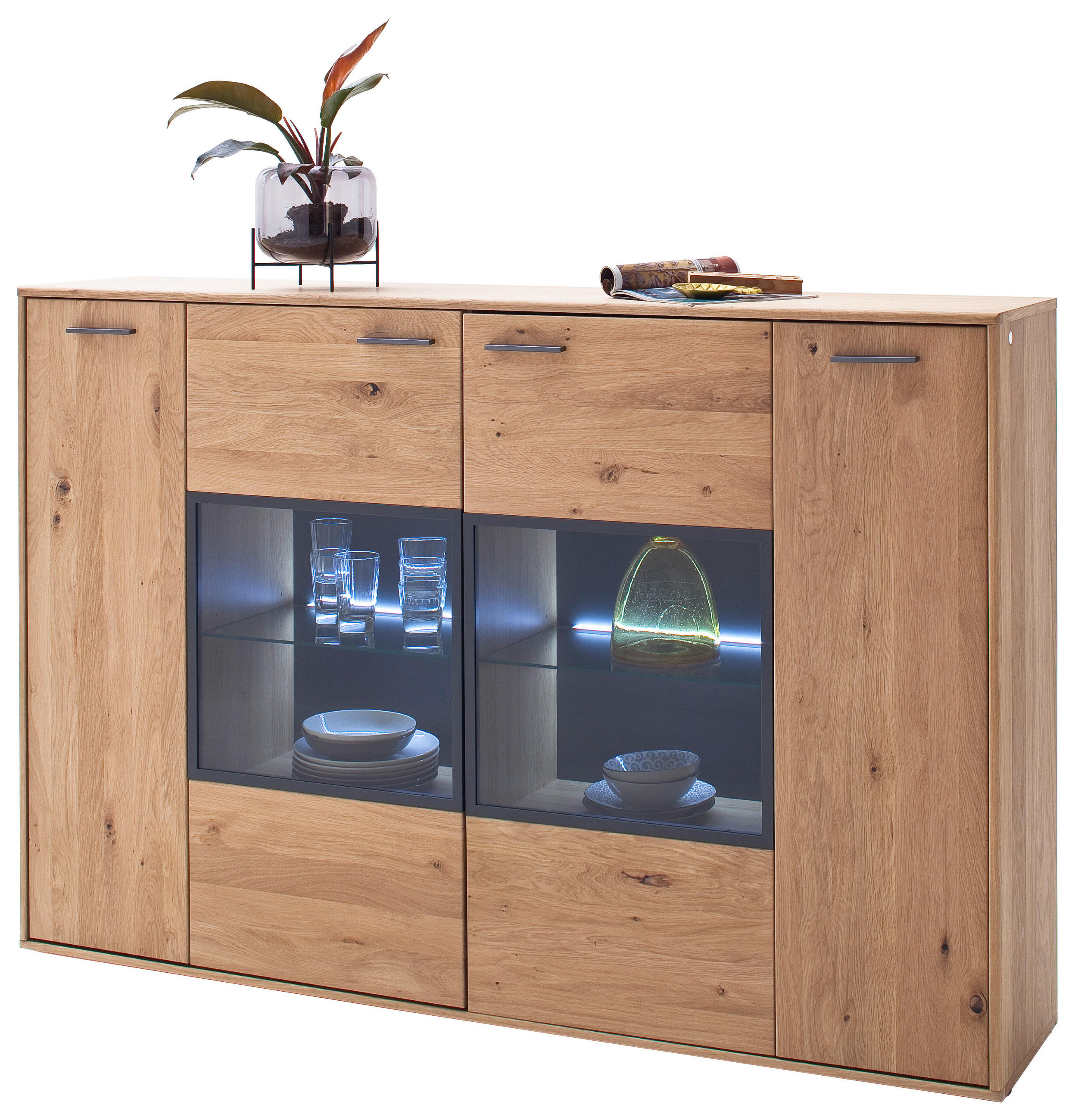 HIGHBOARD Gaborone  in 184/123/37 cm  - Eichefarben/Anthrazit, Design, Glas/Holz (184/123/37cm) - Livetastic