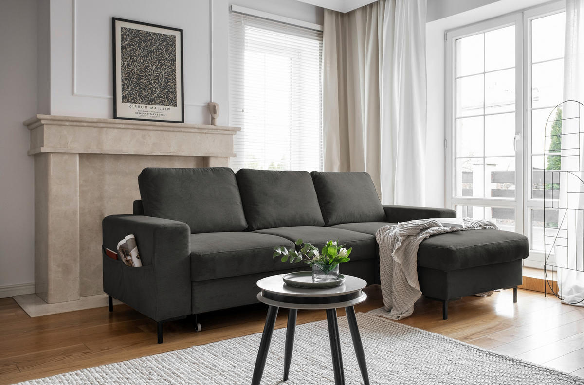 ECKSOFA Grau Cord  - Schwarz/Grau, MODERN, Textil/Metall (236/148cm) - MID.YOU