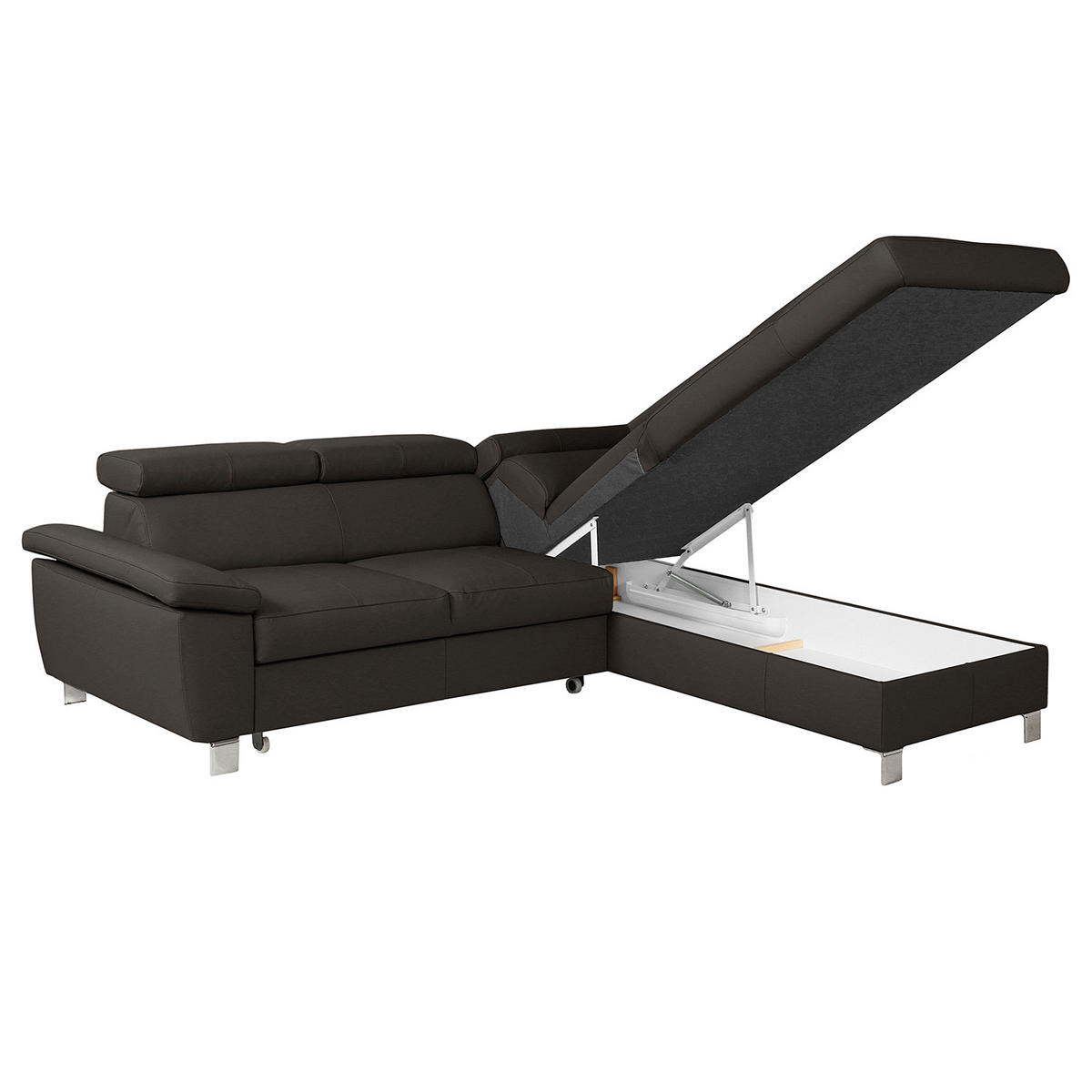 ECKSOFA Dunkelbraun Echtleder Lederlook  - Chromfarben/Dunkelbraun, Design, Leder/Textil (248/208cm) - Livetastic