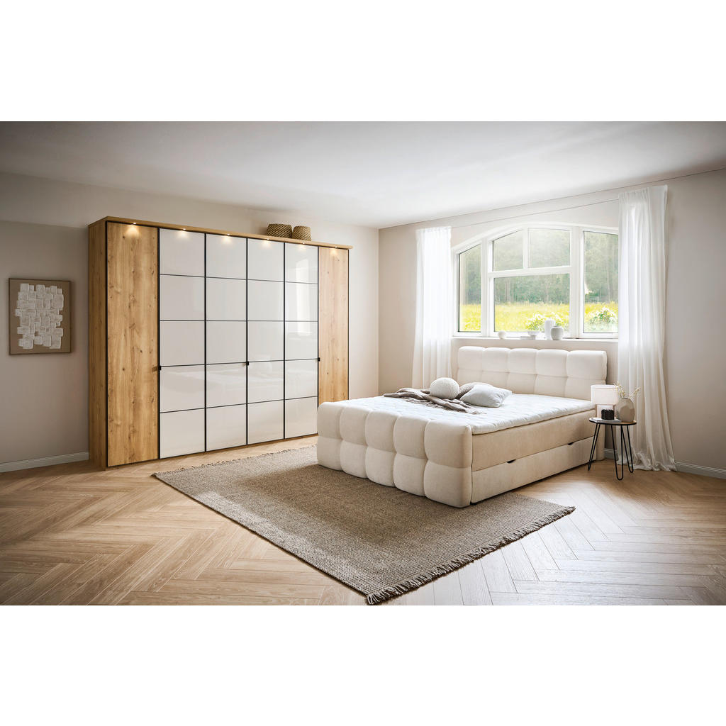 Thumbnail - Moderano Boxbett, Beige, Textil, Tanne, Hartholz, H3, 5-Zonen, Höhe ca. 24 cm, 180x200 cm, gepolstertes Kopfteil, Topper...