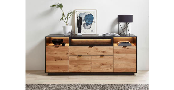 SIDEBOARD Eiche furniert Schwarz, Eichefarben Beleuchtung, Einlegeböden  - Eichefarben/Schwarz, MODERN, Holz/Holzwerkstoff (200/86/42cm) - Novel