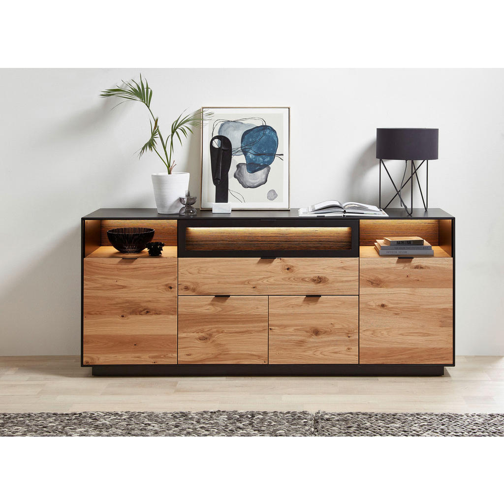 Thumbnail - Novel Sideboard, Schwarz, Eiche, Metall, Eiche, furniert, 2 Fächer, 2 Schubladen, 200x86x42 cm, Beimöbel erhältlich, Hol...