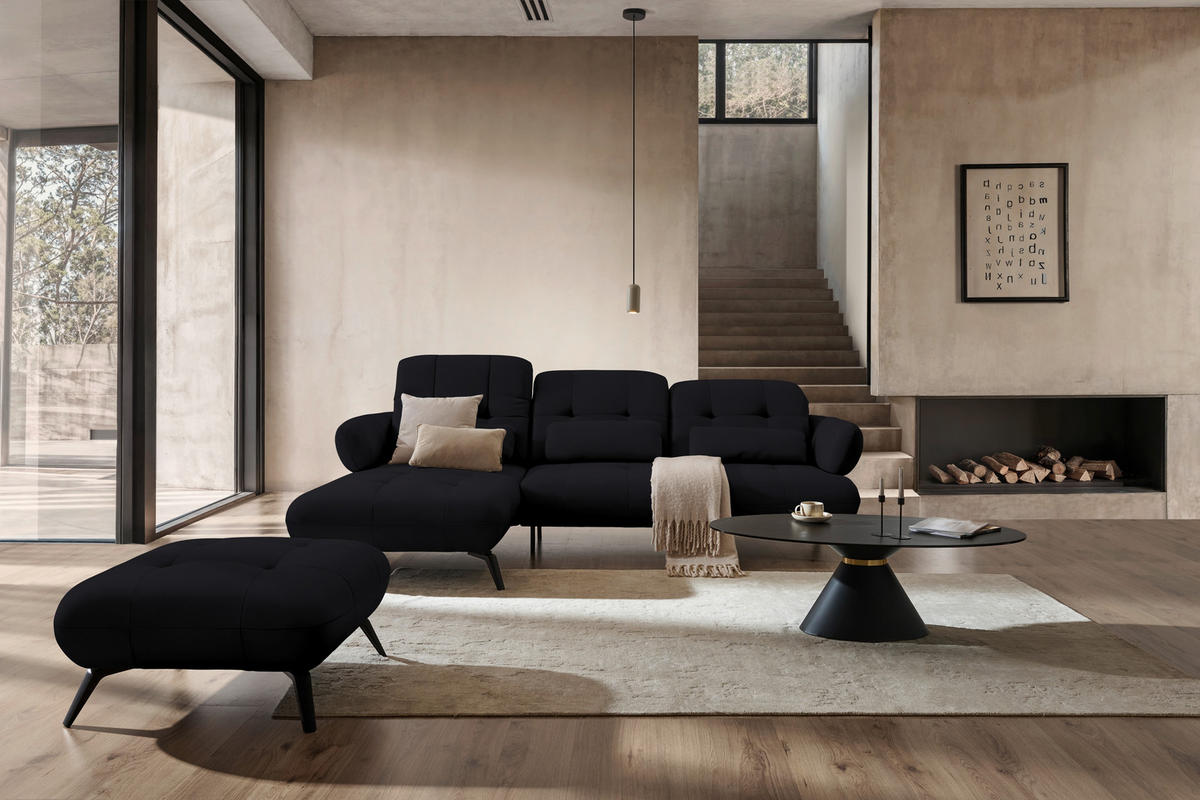 ECKSOFA  in Flachgewebe Schwarz Rücken echt, Kopfteilverstellung  180/282 cm  - Schwarz, MODERN, Textil/Metall (180/282cm) - Novel