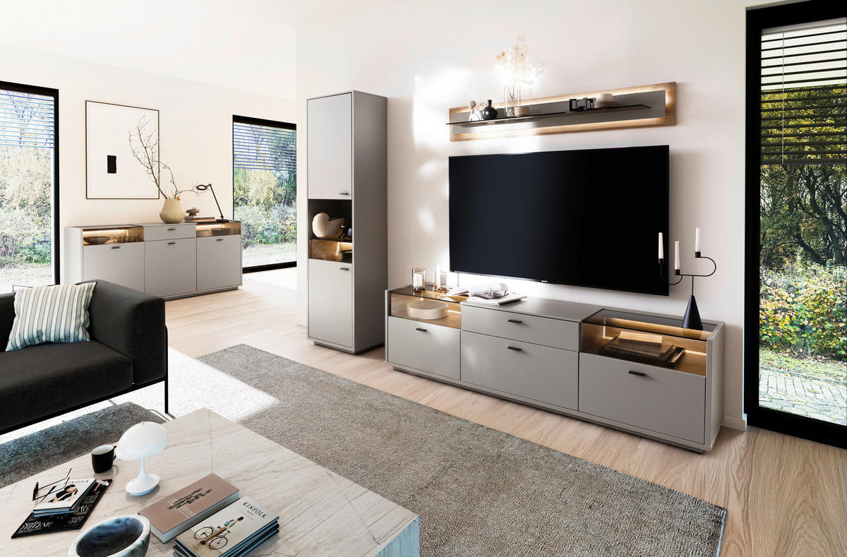 REGAL ZA DNEVNI BORAVAK siva, boje hrasta   - siva/boje hrasta, Moderno, staklo/drvni materijal (271/200/44cm) - Stylife