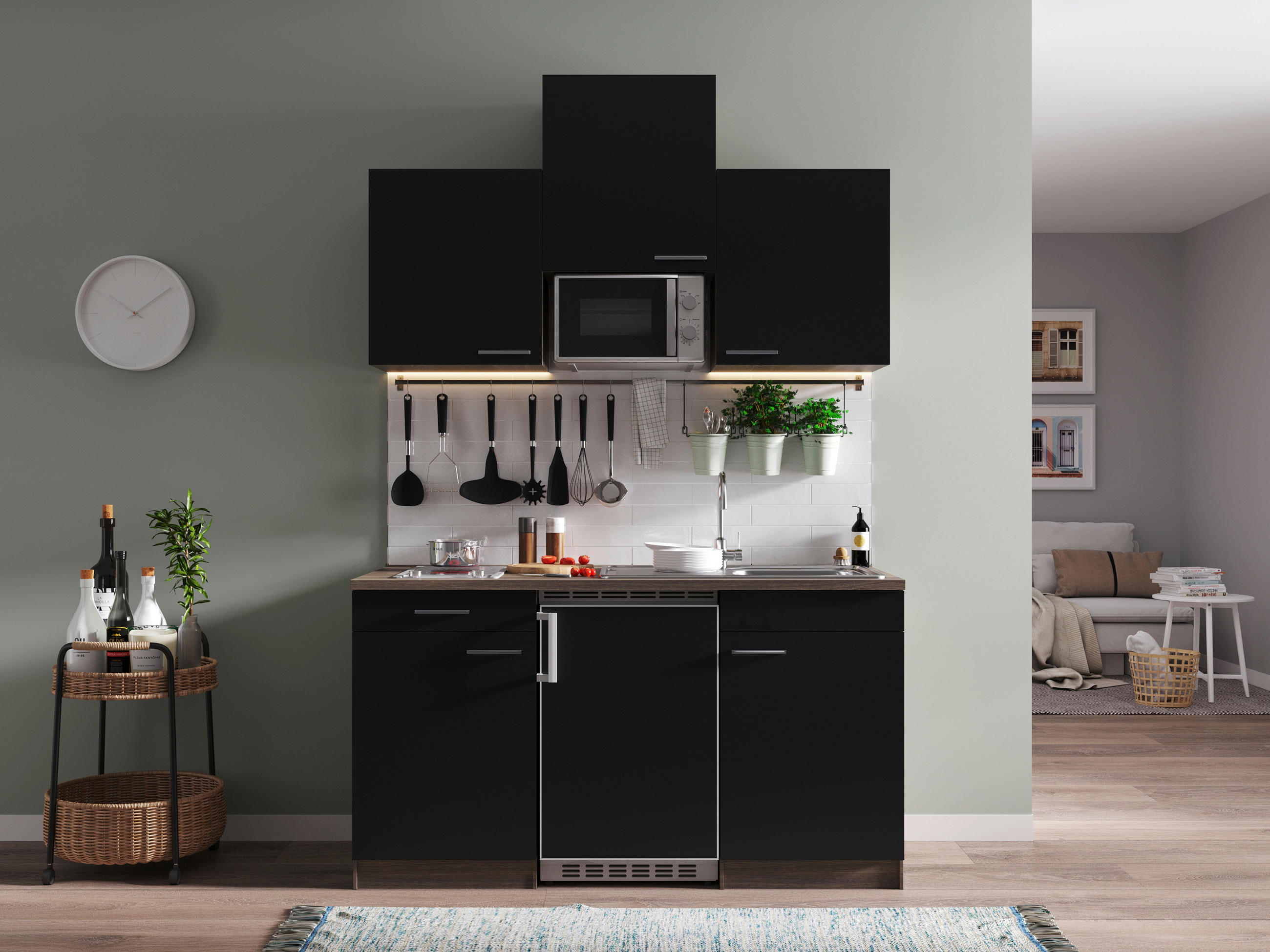 MINIKÜCHE   in Schwarz  - Eichefarben/Alufarben, Basics, Holzwerkstoff/Kunststoff (150cm) - Respekta