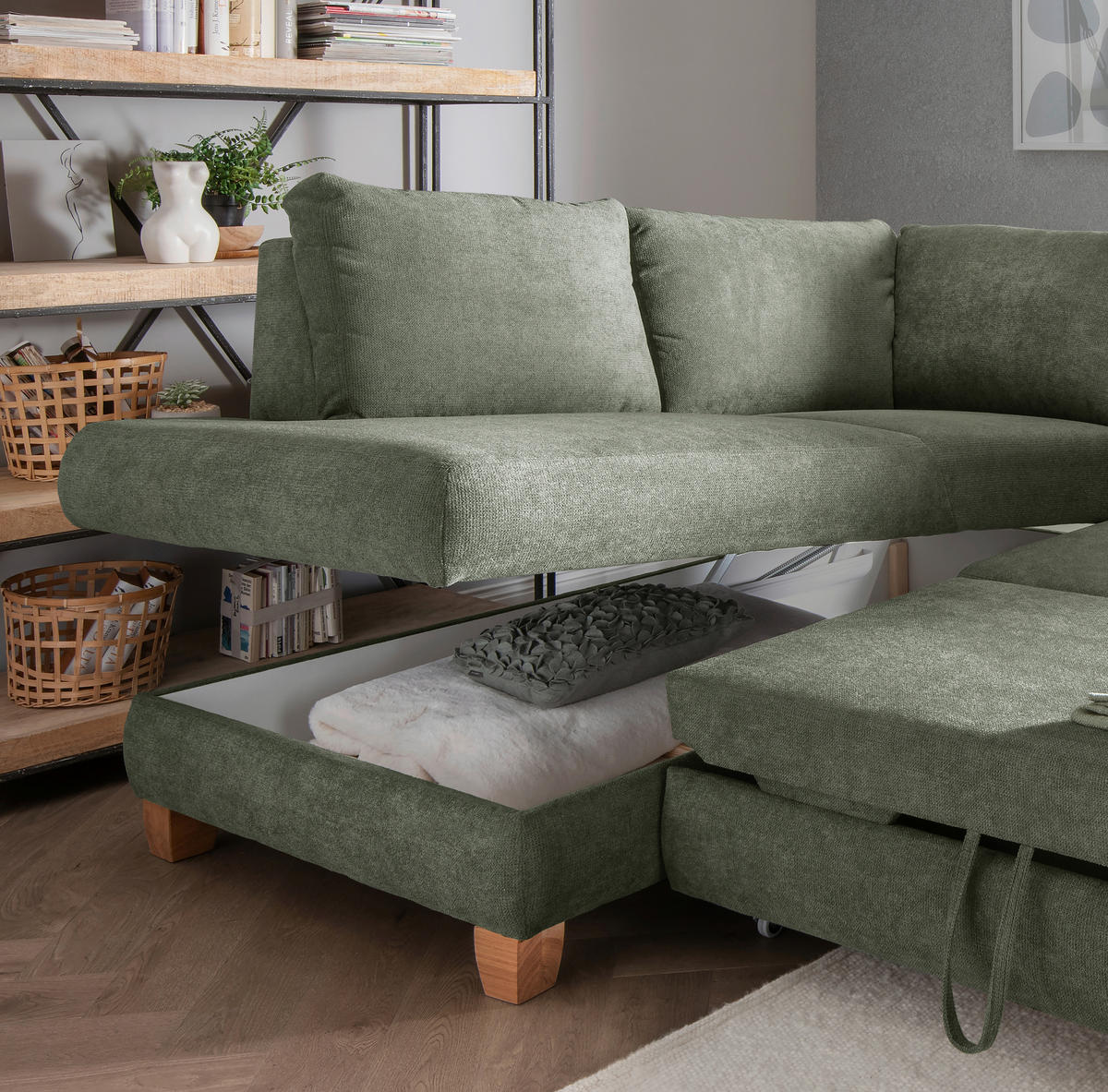ECKSCHLAFSOFA in Chenille Dunkelgrün  - Wildeiche/Dunkelgrün, Modern, Holz/Textil (206/261cm) - Livetastic