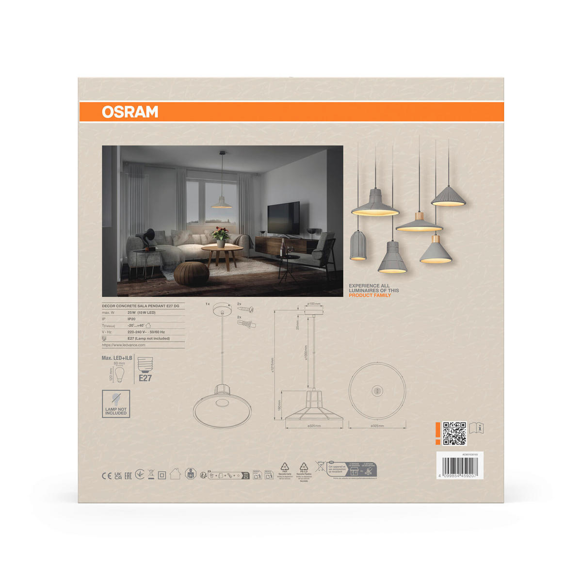 HÄNGELEUCHTE 32.5/121.5 cm  - Dunkelgrau, Basics, Stein/Metall (32.5/121.5cm) - Osram