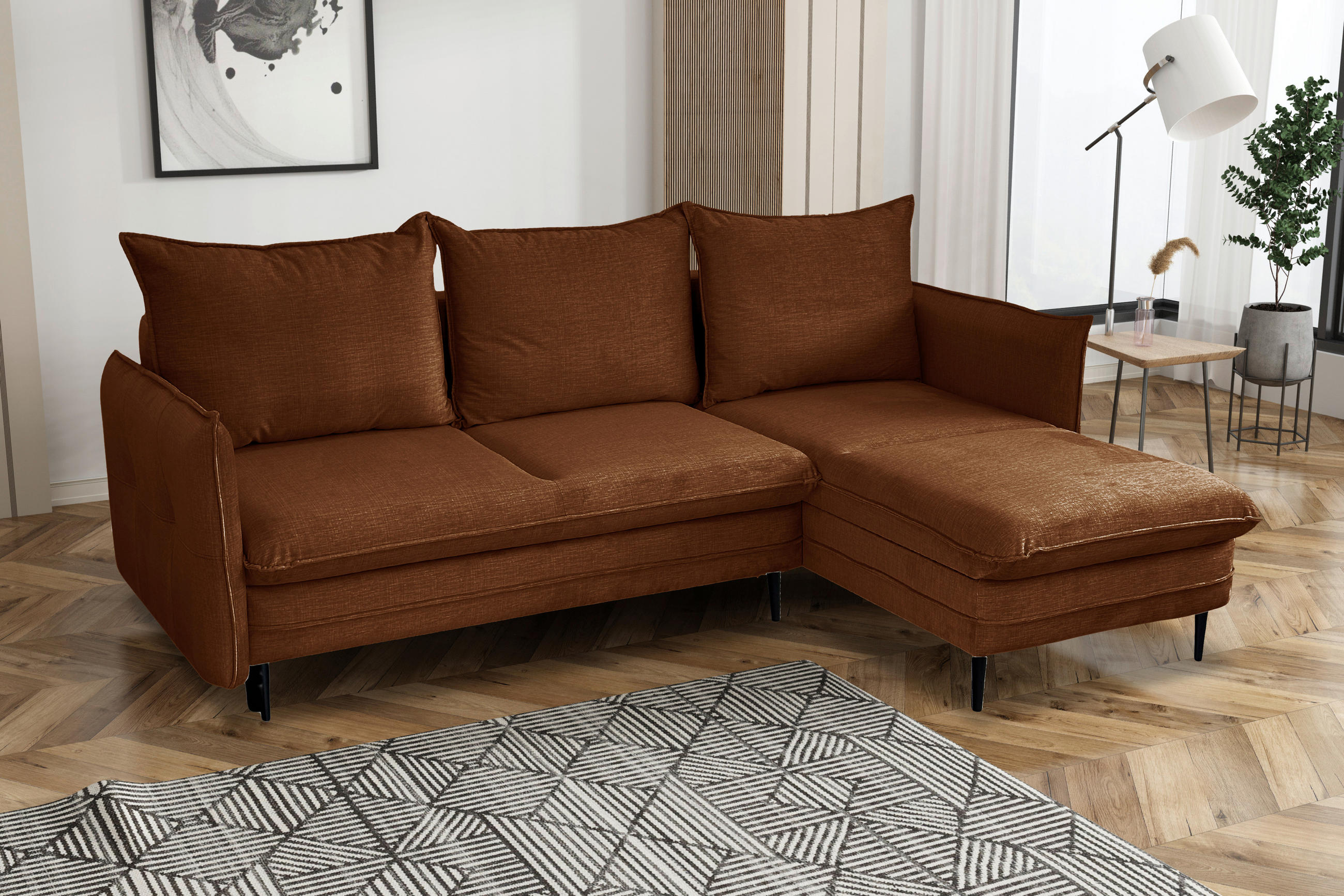 ECKSOFA Rostfarben Flachgewebe  - Rostfarben/Schwarz, Design, Holz/Kunststoff (170/235cm) - MID.YOU