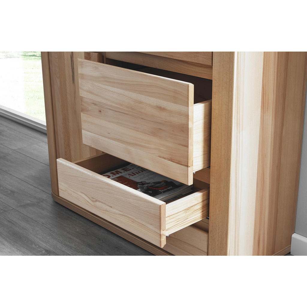 Thumbnail - Voleo Highboard, Alteiche, Glas, Holzwerkstoff, Eiche, massiv, 2 Holz + 1 Glas Fächer, 3 Schubladen, 98x140x38 cm, Typen...