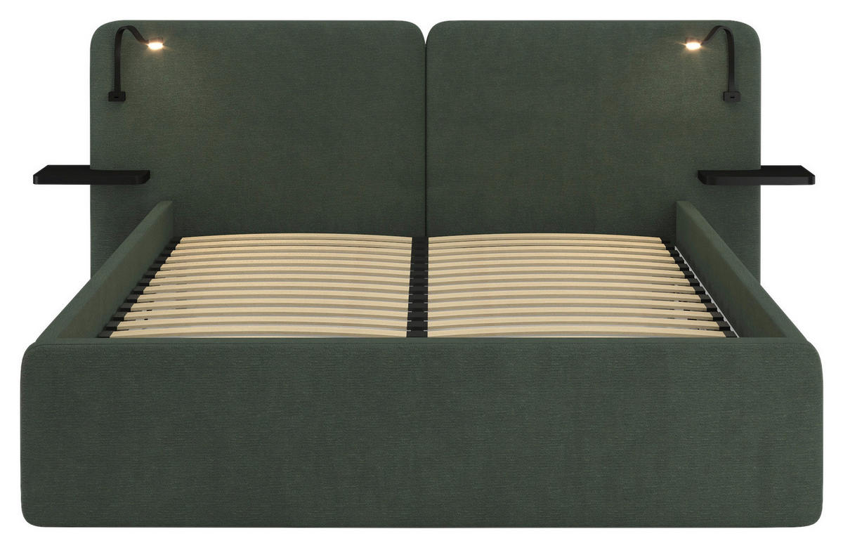 POLSTERBETT 180/200 cm,  in Waldgrün, gepolstertes Kopfteil, Beleuchtung, Lattenrost, H2 + H3 = mittel + fest  - Waldgrün/Schwarz, MODERN, Kunststoff/Textil (180/200cm) - Chameo