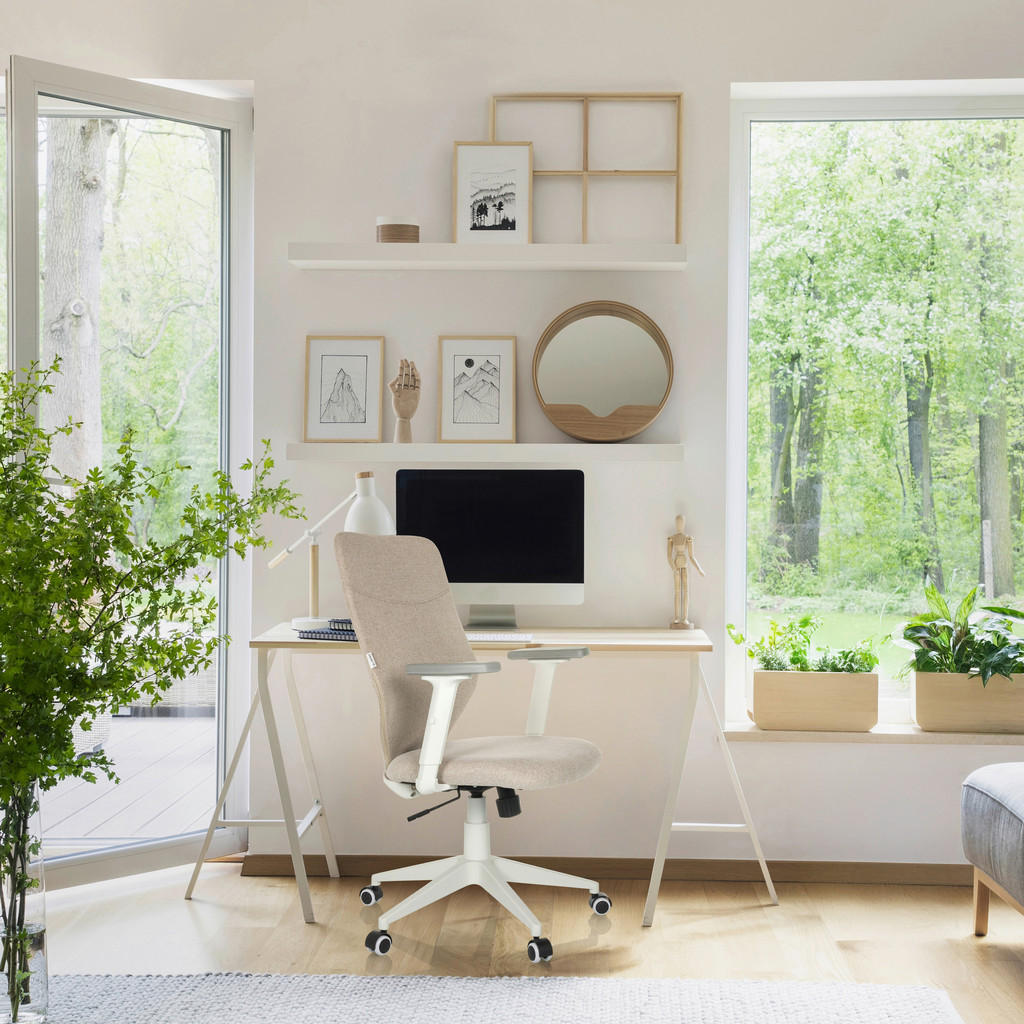 Thumbnail - Mid.you Drehstuhl, Beige, Textil, Drehkreuz, 70x115x70 cm, inklusive Armlehnen, ergonomische Rückenlehne, Arbeitszimmer,...