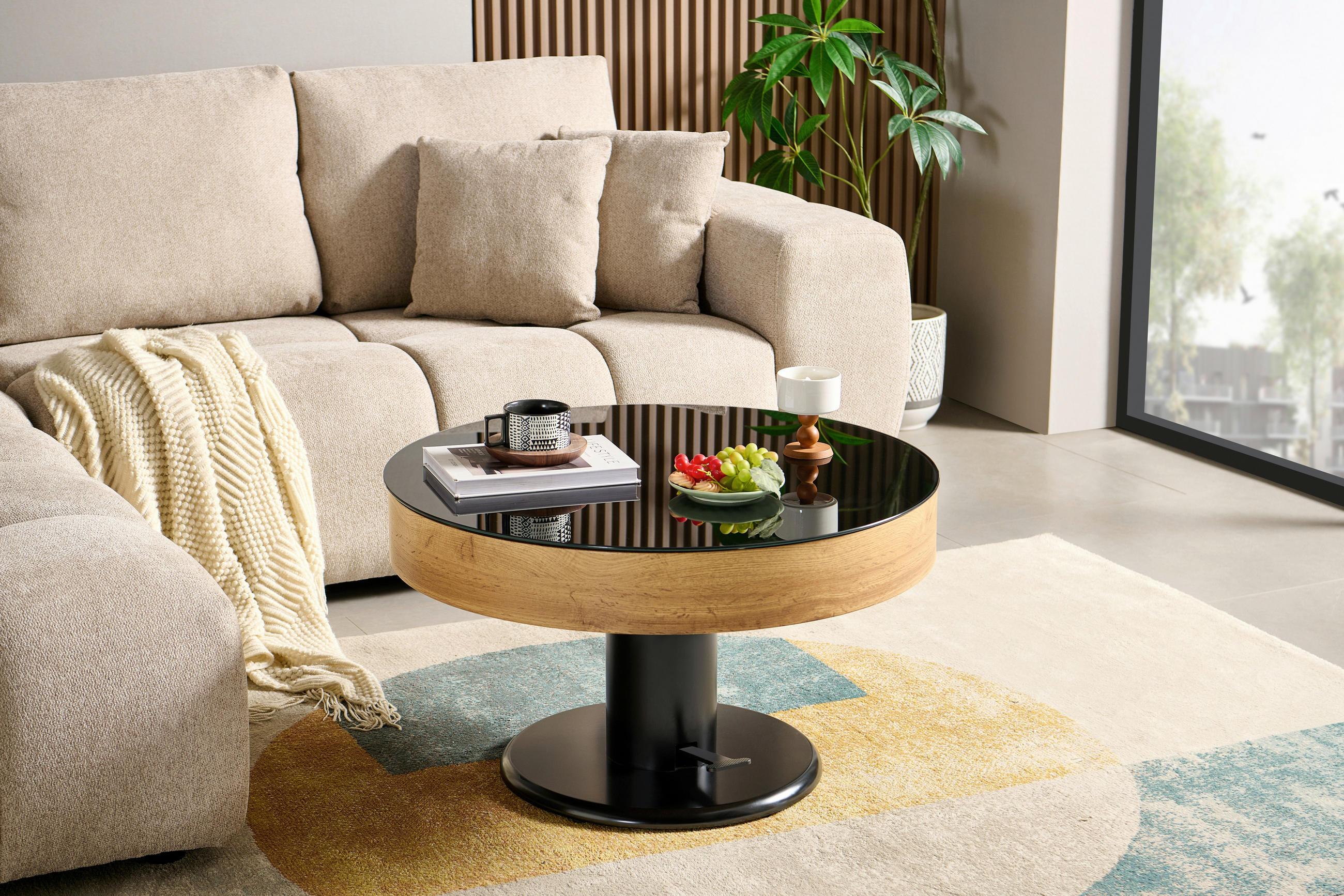 COUCHTISCH ESG 80/80/46 cm rund Schwarz, Eichefarben  - Eichefarben/Schwarz, Design, Glas/Holzwerkstoff (80/80/46cm) - MID.YOU