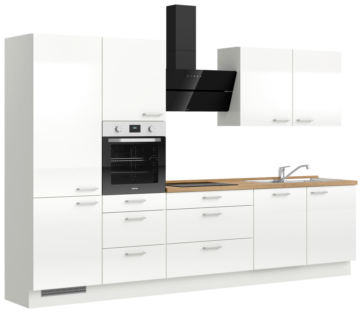 KÜCHENLEERBLOCK 330 cm   in Eichefarben, Weiß Hochglanz  - Edelstahlfarben/Eichefarben, MODERN, Holzwerkstoff/Metall (330cm) - Nobilia