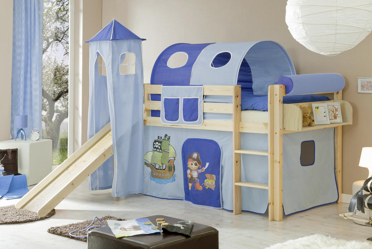 SPIELBETT Rutsche, Turm, Vorhang, Absturzsicherung, Leiter 90/200 cm  in Blau, Kieferfarben  - Blau/Kieferfarben, Natur, Holz (90/200cm) - MID.YOU
