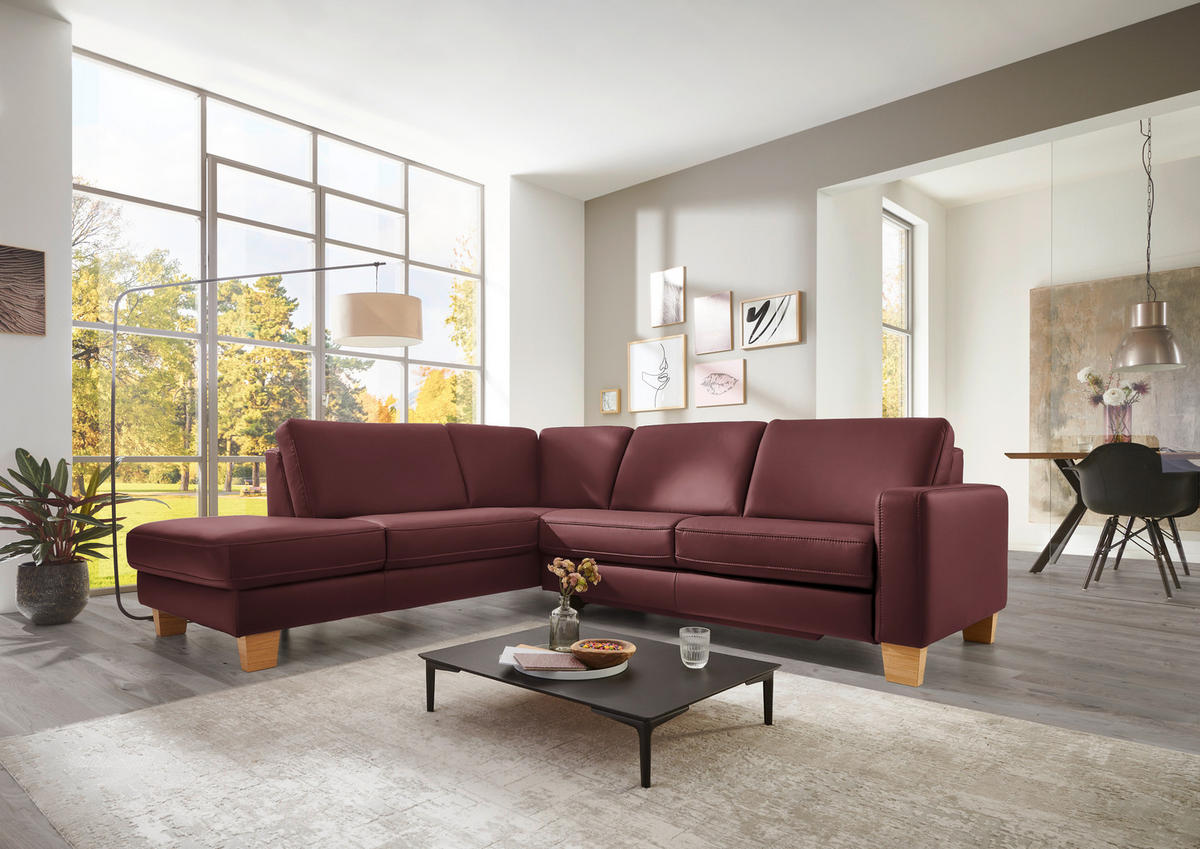 ECKSOFA in Echtleder Beere  - Eiche Bianco/Beere, Natur, Leder/Holz (235/257cm) - Valdera