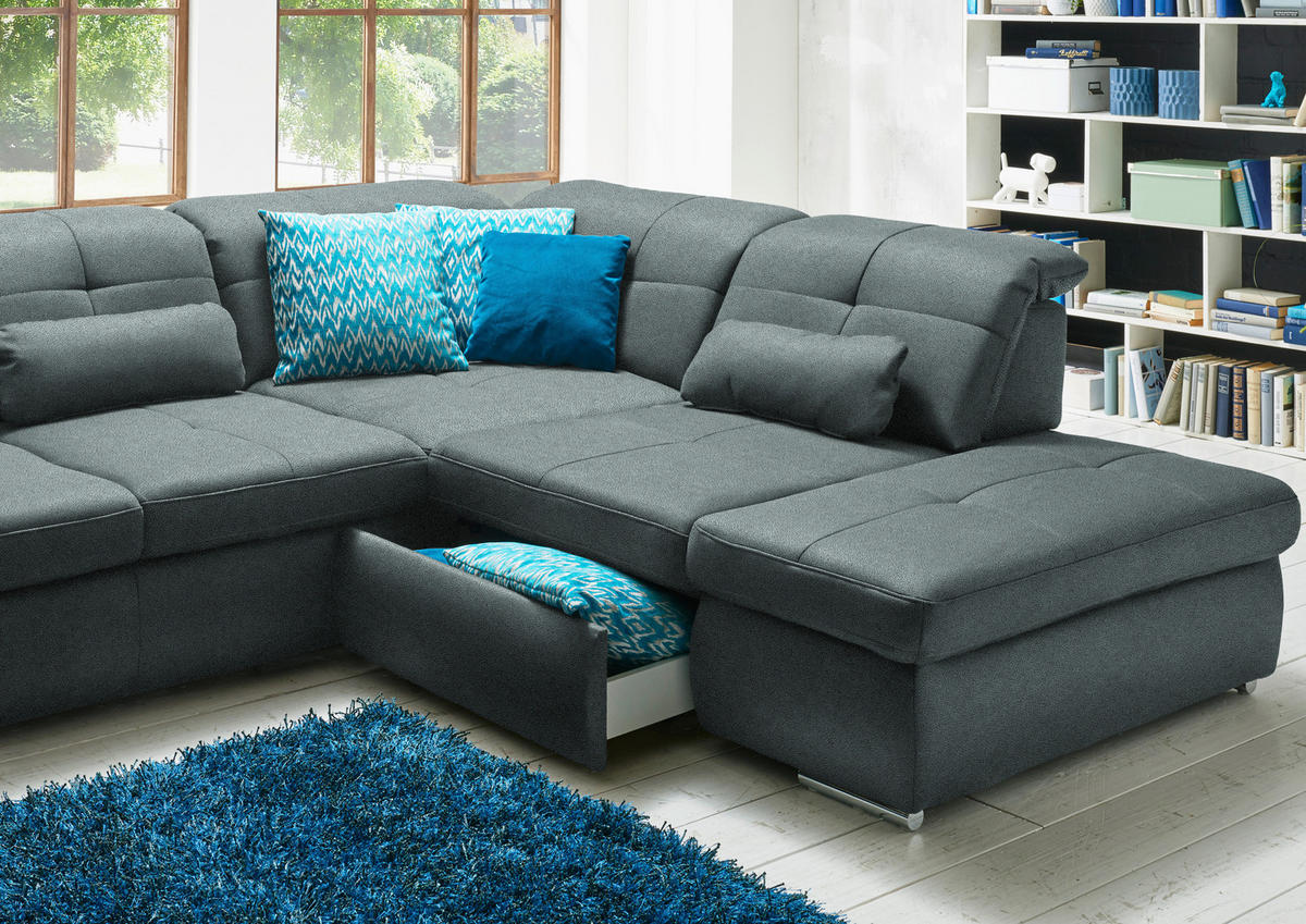 WOHNLANDSCHAFT Mikrofaser Blaugrau  - Chromfarben/Blaugrau, Design, Textil (195/371/260cm) - Beldomo Style