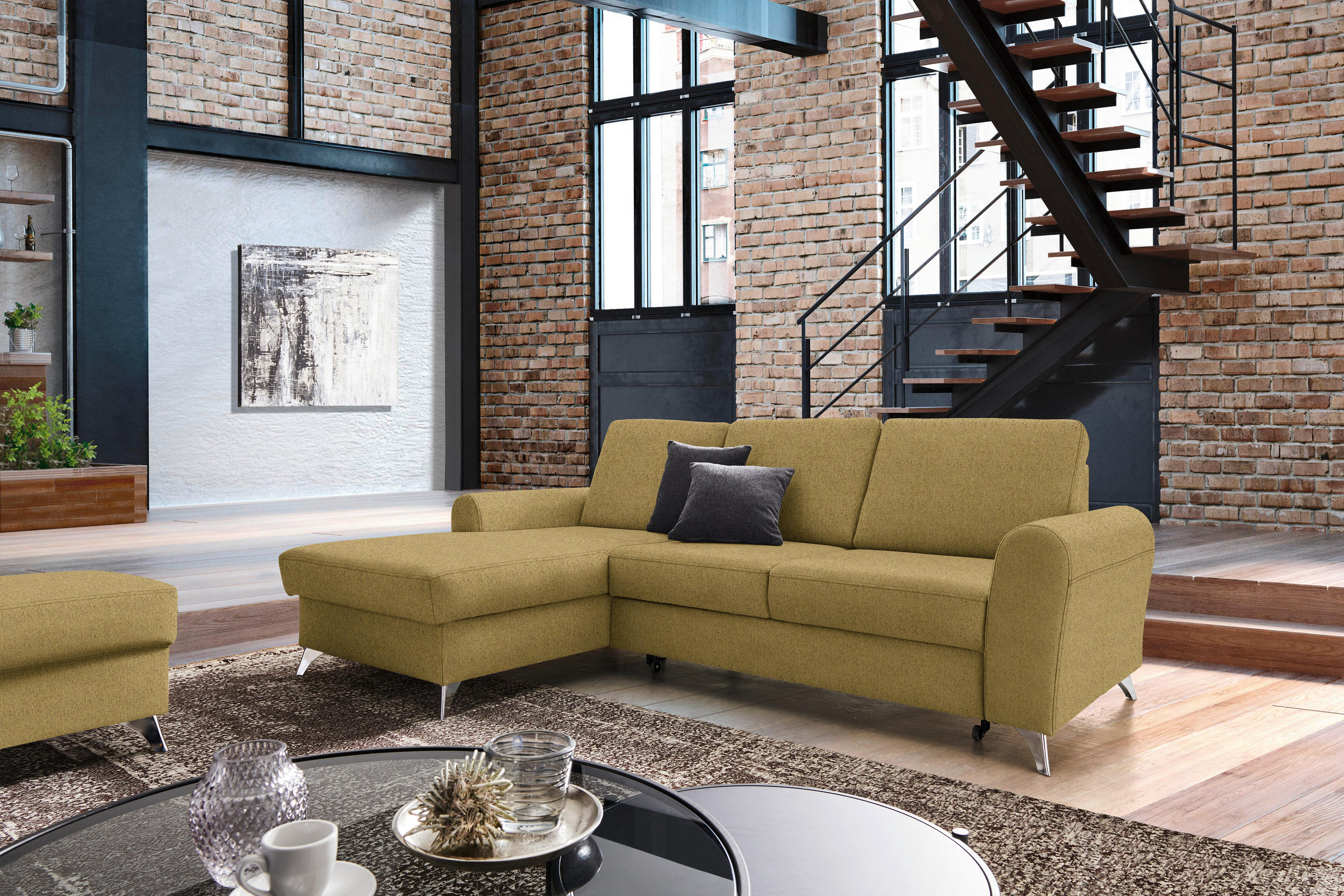 ECKSOFA Gelb Flachgewebe  - Gelb/Silberfarben, Design, Textil/Metall (167/244cm) - Cantus