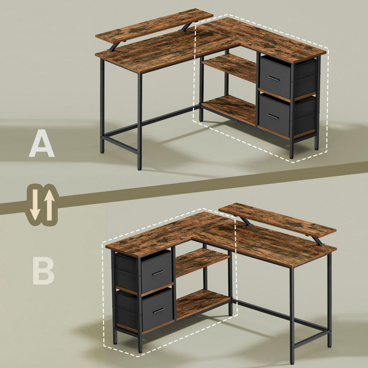 ECKSCHREIBTISCH 115/105/89,5 cm  höhenverstellbar, Stauraum, justierbare Füße  - Schwarz, Basics, Holzwerkstoff/Textil (115/105/89,5cm) - Boxxx