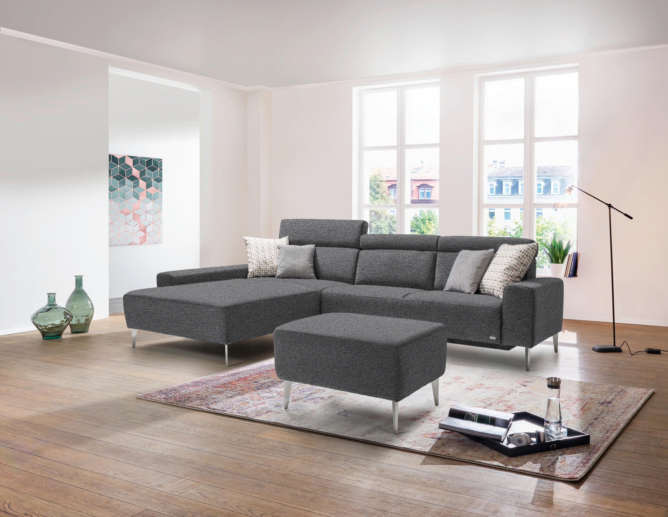 ECKSOFA in Webstoff Grau  205/308 cm  - Alufarben/Grau, Design, Textil/Metall (205/308cm) - Sedda