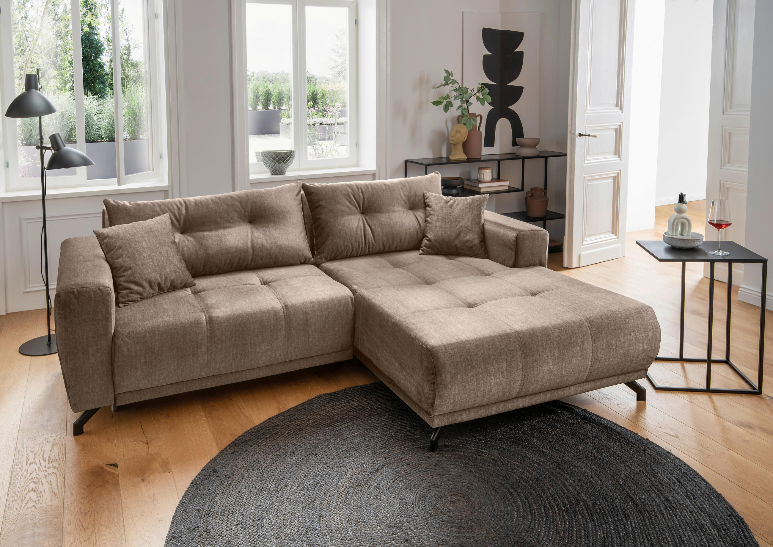 ECKSOFA in Velours Hellbraun  - Hellbraun/Schwarz, Modern, Textil/Metall (246/177cm) - MID.YOU