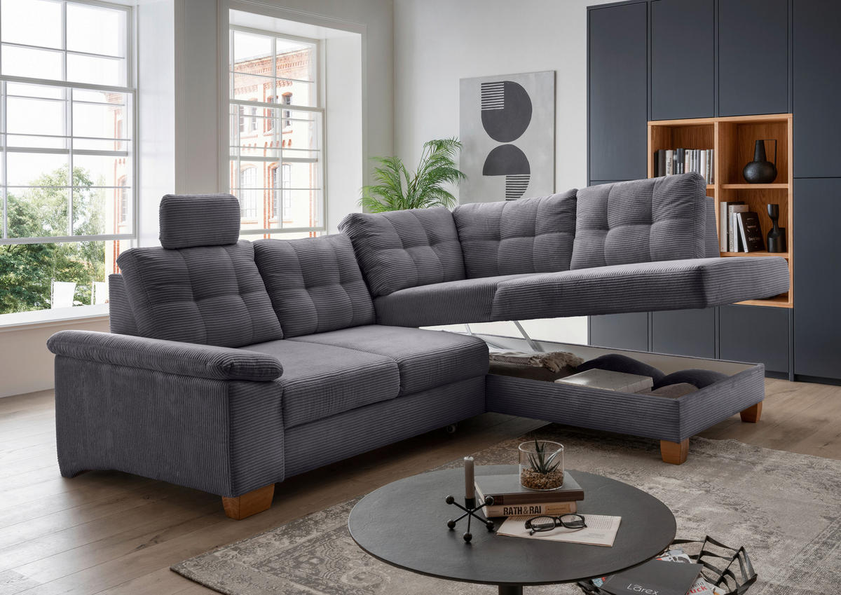 ECKSOFA in Cord Grau  - Naturfarben/Grau, Modern, Holz/Textil (274/206cm) - Livetastic