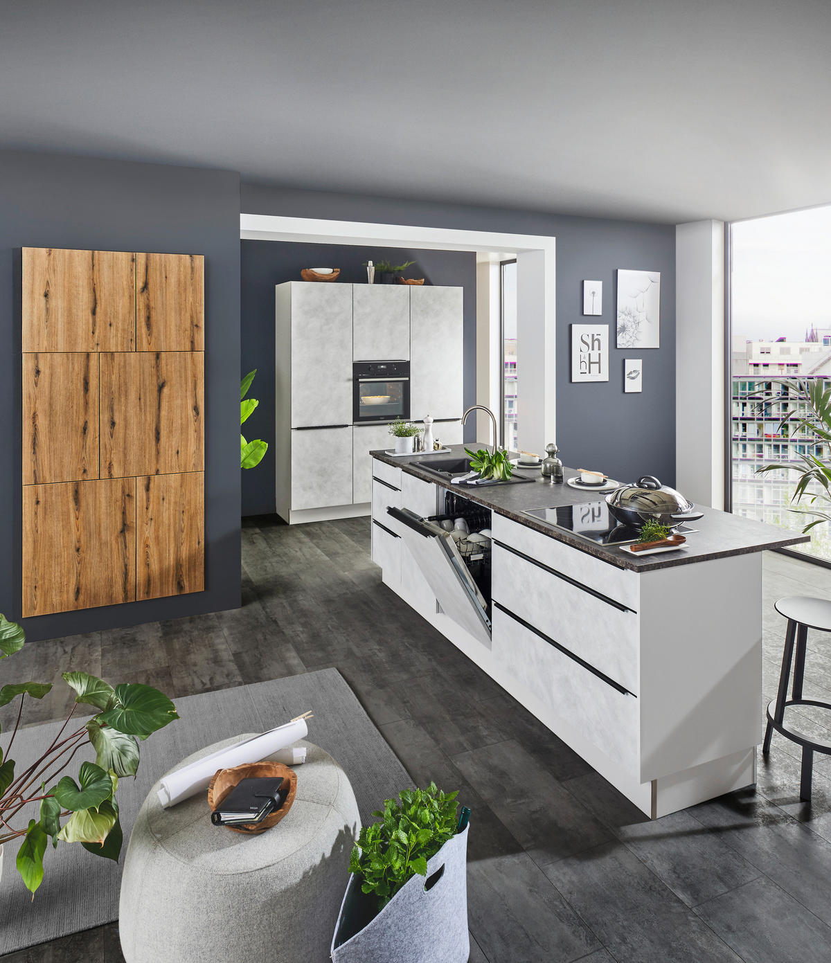 EINBAUKÜCHE   - Eichefarben/Grau, MODERN, Holzwerkstoff - Dieter Knoll
