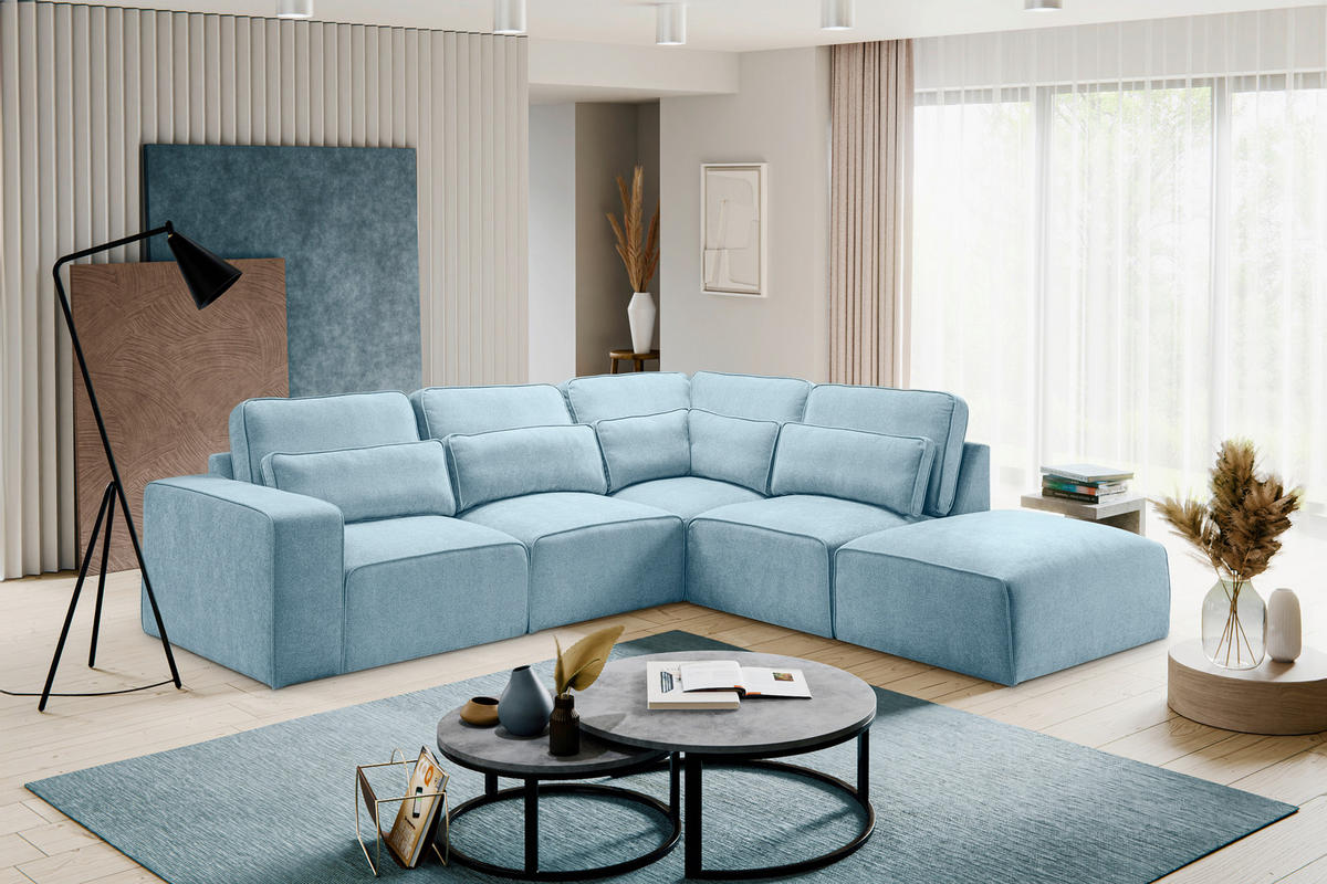 ECKSOFA LUX in Webstoff Hellblau  305/281 cm  - Beige/Schwarz, Basics, Holz/Kunststoff (305/281cm) - MID.YOU