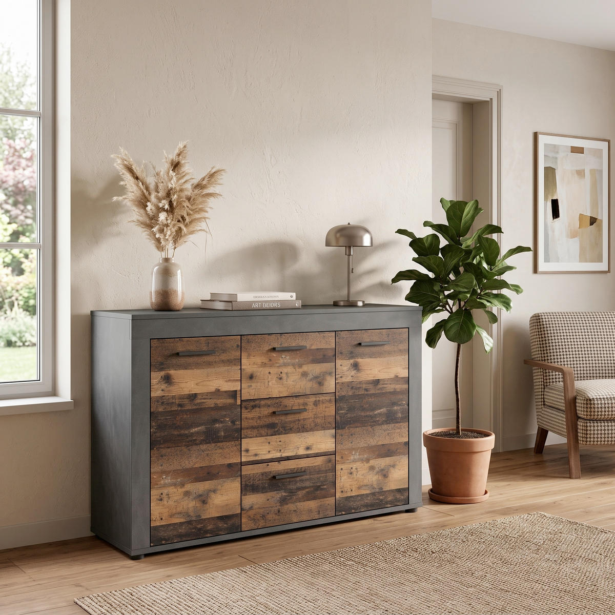 SIDEBOARD Jam 125/80/35 cm 3 låda(or)  - svart/antracit, Design, trämaterial/plast (125/80/35cm) - MID.YOU