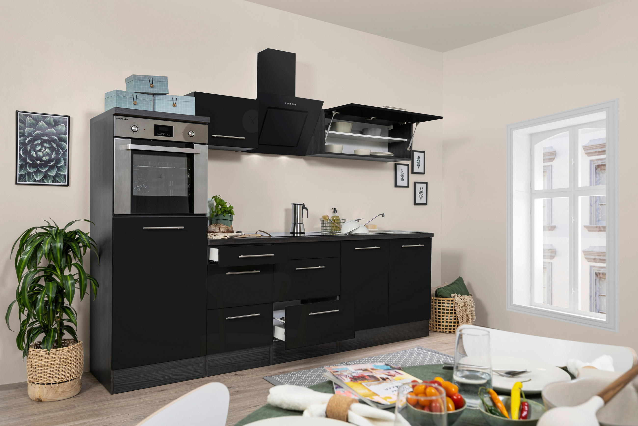 KÜCHENBLOCK 270 cm in Schwarz, Eichefarben - Edelstahlfarben/Eichefarben, Basics, Holzwerkstoff/Metall (270cm) - Respekta