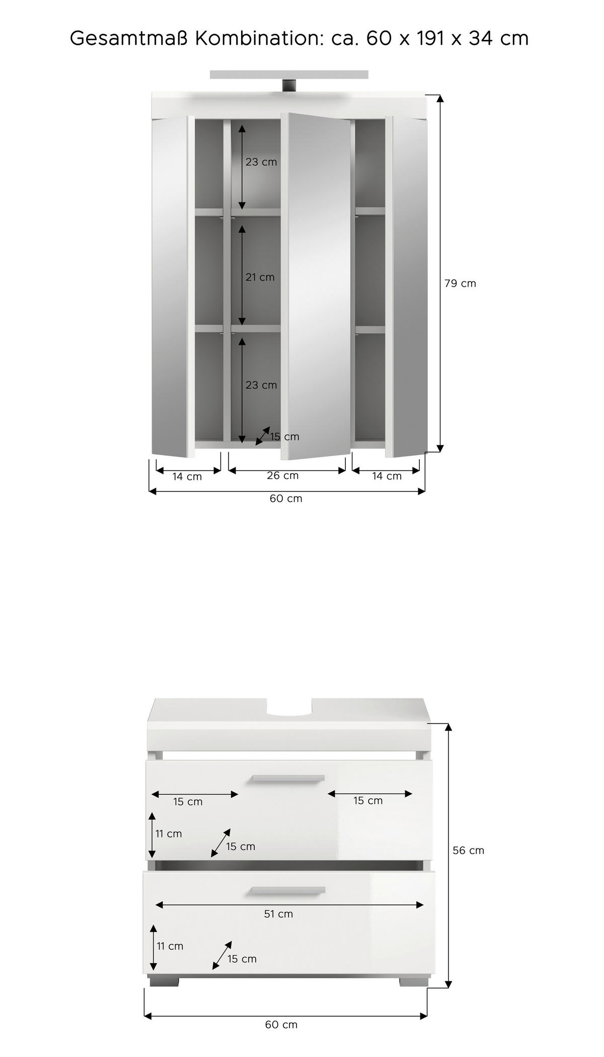 BADEZIMMER 2-teilig  in 60 cm  - Weiss Hochglanz/Weiss, Modern, Glas/Holzwerkstoff (60cm) - MID.YOU