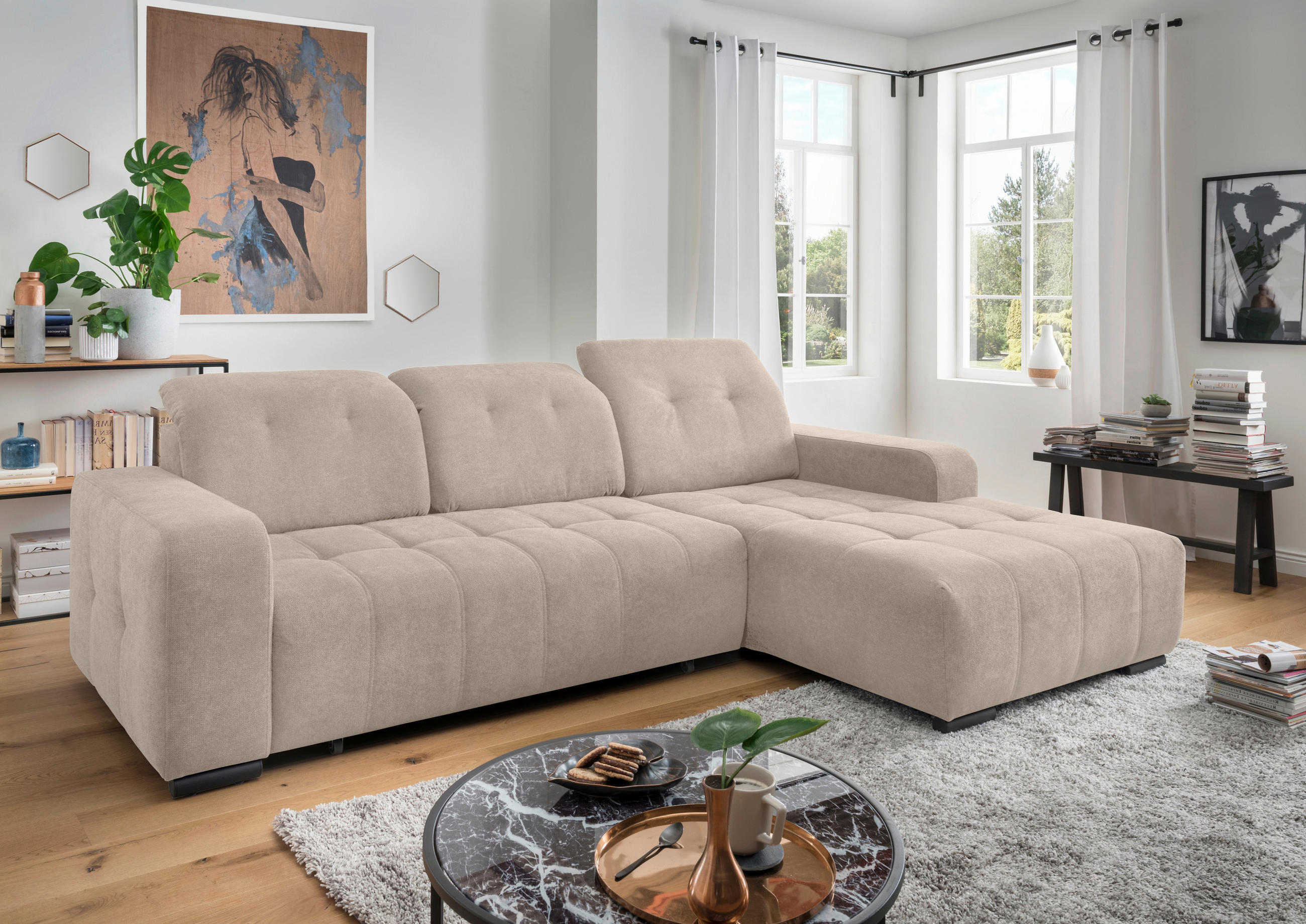 ECKSOFA Mikrofaser Beige  - Beige/Schwarz, Modern, Textil/Metall (292/185cm) - Livetastic