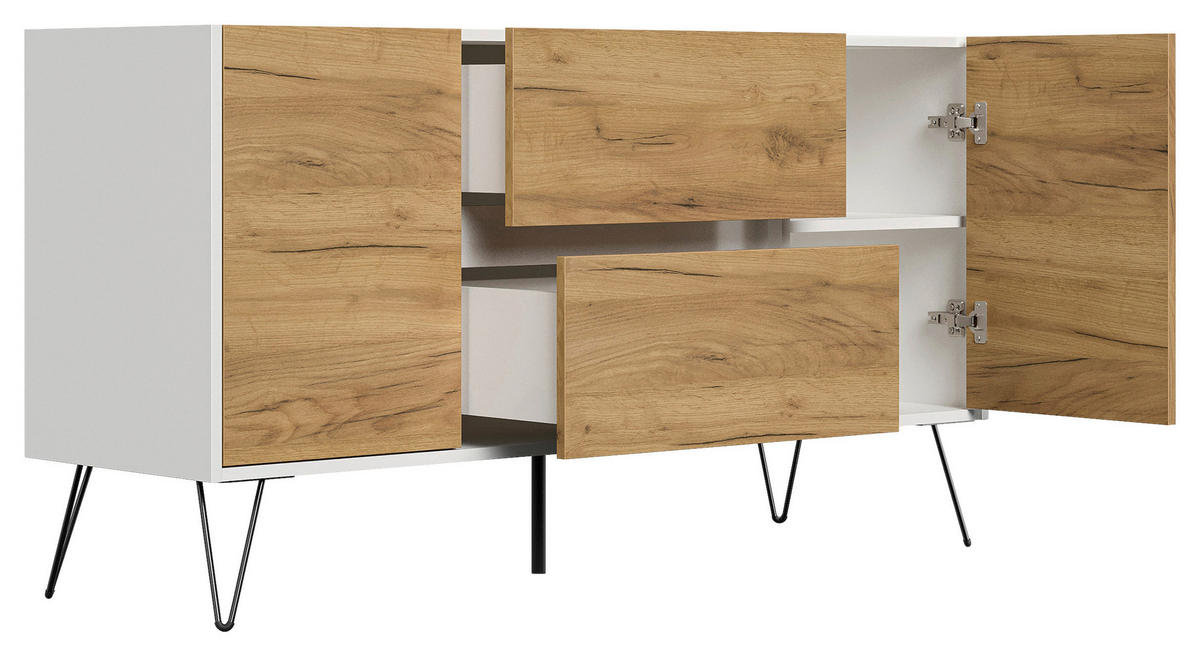 SIDEBOARD Posseik Industrial 139/75,8/42 cm 2 Schublade(n)  - Eichefarben/Weiß Hochglanz, Design, Holzwerkstoff/Metall (139/75,8/42cm) - MID.YOU