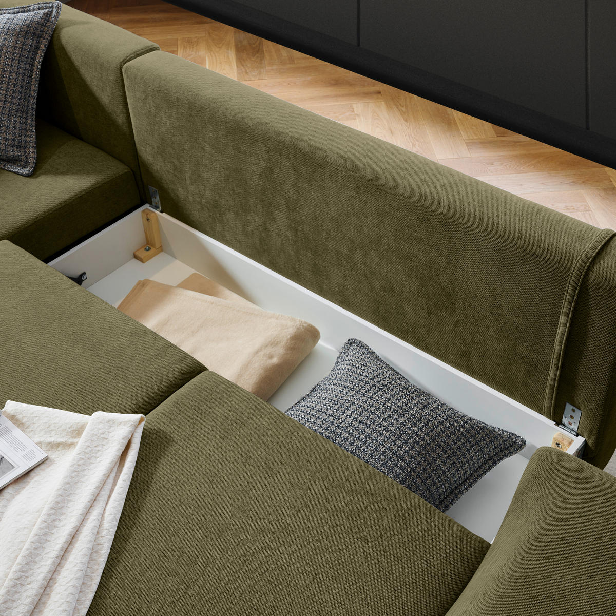 ECKSOFA inkl. Funktionen Olivgrün Webstoff Rückenkissen, Bettkasten, Schlaffunktion, Rücken echt  - Wengefarben/Schwarz, Design, Holz/Textil (314/211cm) - Stylife