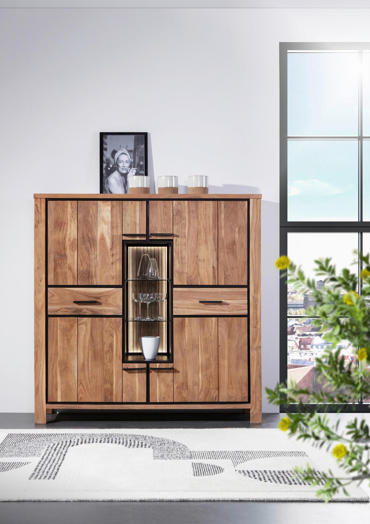 HIGHBOARD  in 150/150/44 cm  - Schwarz/Akaziefarben, LIFESTYLE, Glas/Holz (150/150/44cm) - Landscape