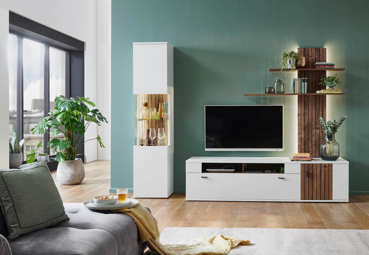 WOHNWAND  in Weiss, Eiche dunkel 260/208/50 cm  - Eiche dunkel/Weiss, Design, Glas/Holzwerkstoff (260/208/50cm) - Stylife