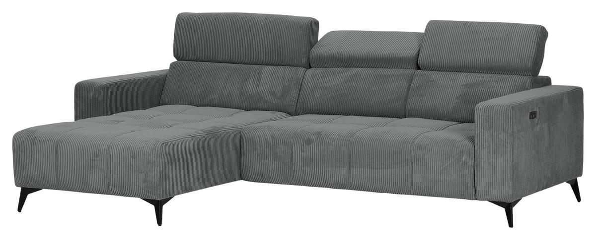 ECKSOFA Dunkelgrau Cord Rücken echt, Kopfteilverstellung, Sitzvorzug  - Dunkelgrau/Schwarz, KONVENTIONELL, Textil/Metall (170/257cm) - Carryhome