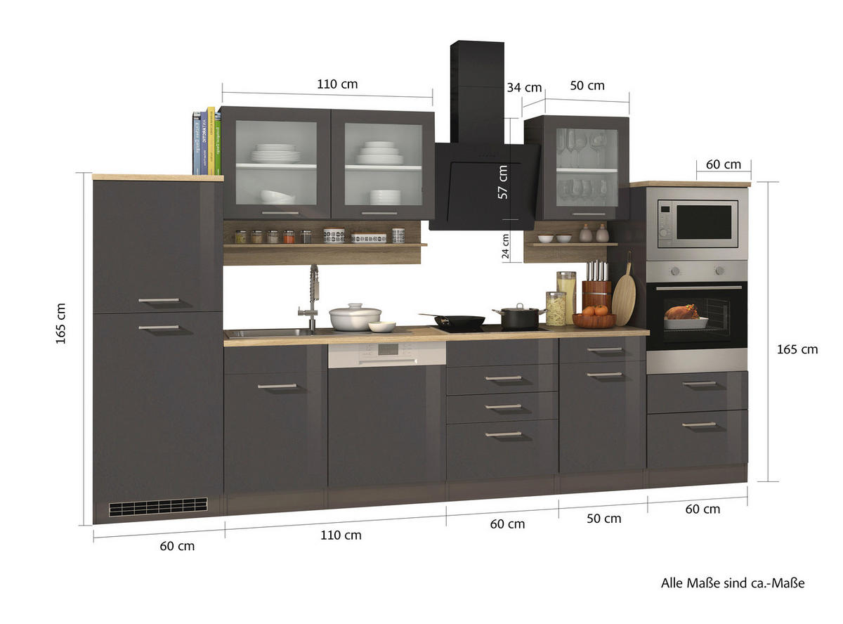 KÜCHENBLOCK 340 cm   in Graphitfarben  - Silberfarben/Graphitfarben, MODERN, Glas/Holzwerkstoff (340cm) - Held